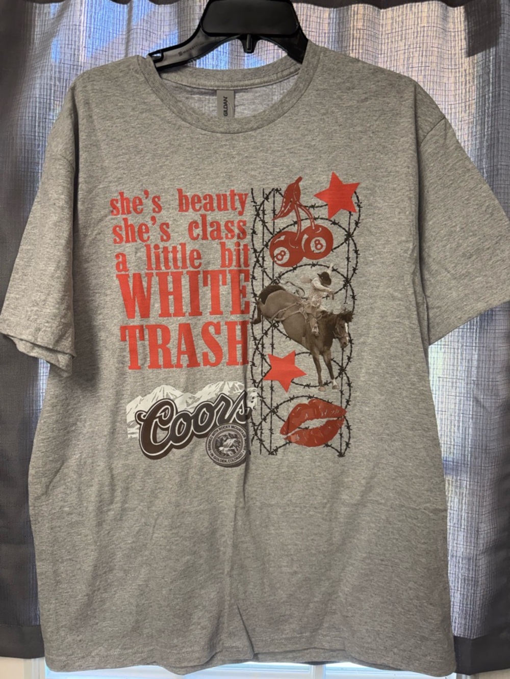 Gildan Gray Short Sleeve Tee with Red Graphic Text and Accents